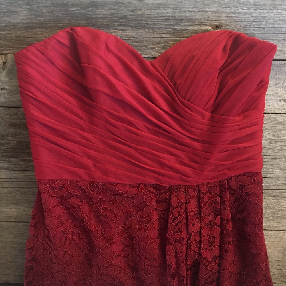 Red dress strapless bridesmaid David’s bridal