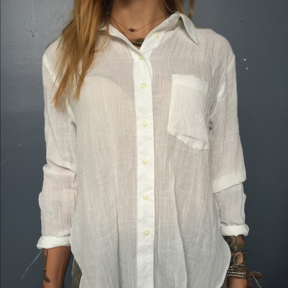 Free People White Linen Button-Down Shirt