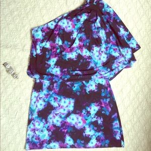 One Shoulder Watercolor Printed Blouson Dress