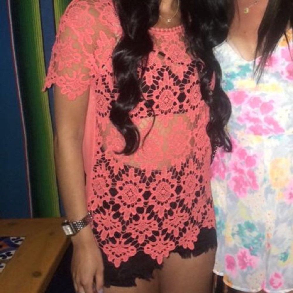 Coral lace sheer top