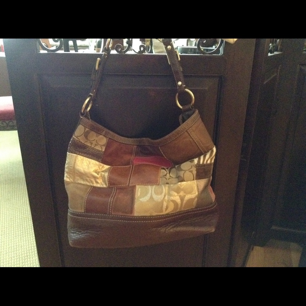 Coach leather tote, holiday patchwork