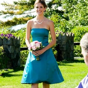 Teal A-line strapless satin bridesmaid/prom dress