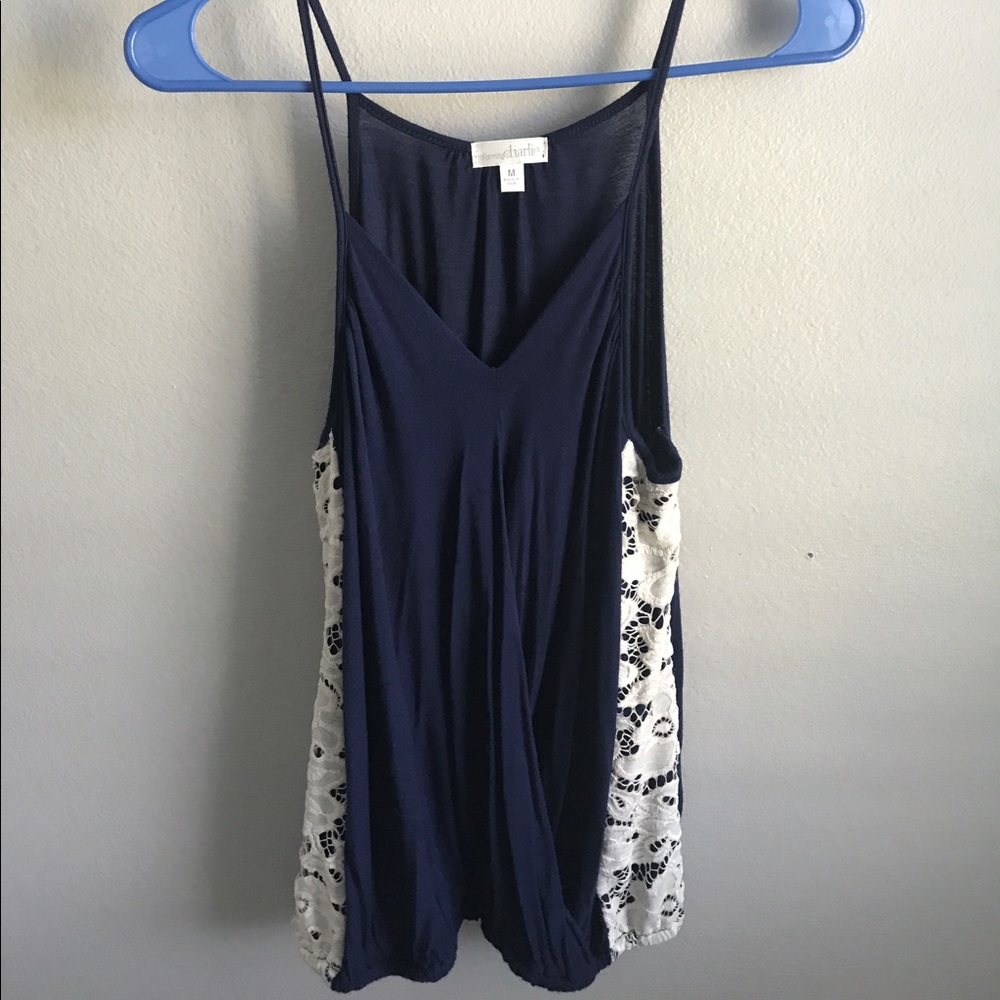 Navy Wrap Lace Accented Top
