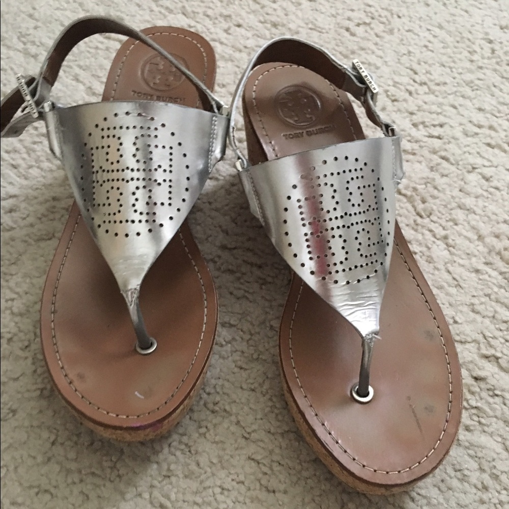 Silver Tory Burch Landon Wedges
