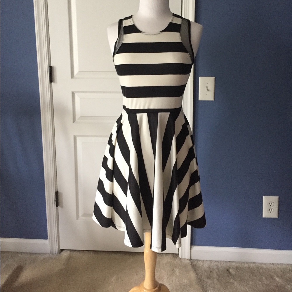 Black and white striped formal skater dress