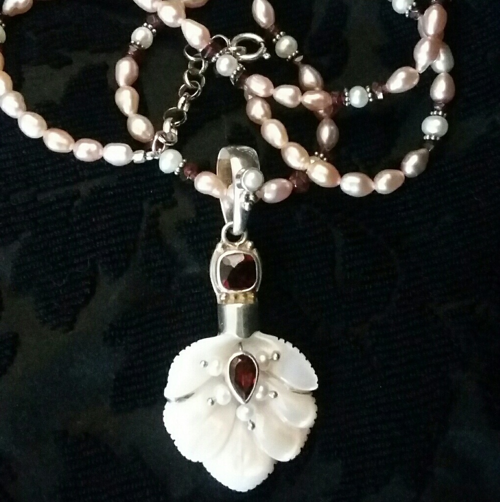 Pearl Garnet & Carved MOP Sterling 2 Pc Necklace