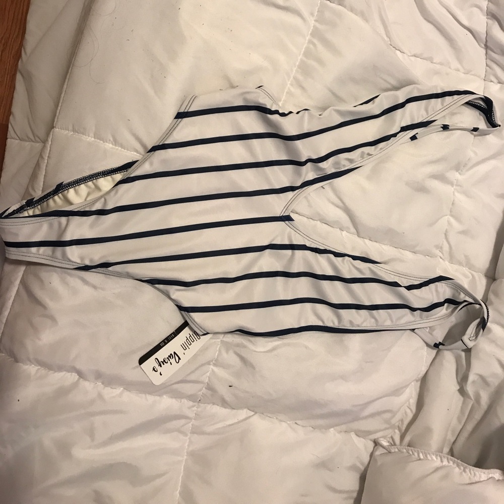 White and navy blue striped one piece