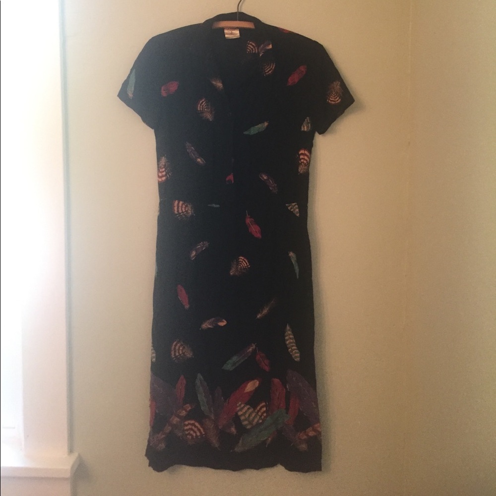Vintage Feather Print Button Down House Dress