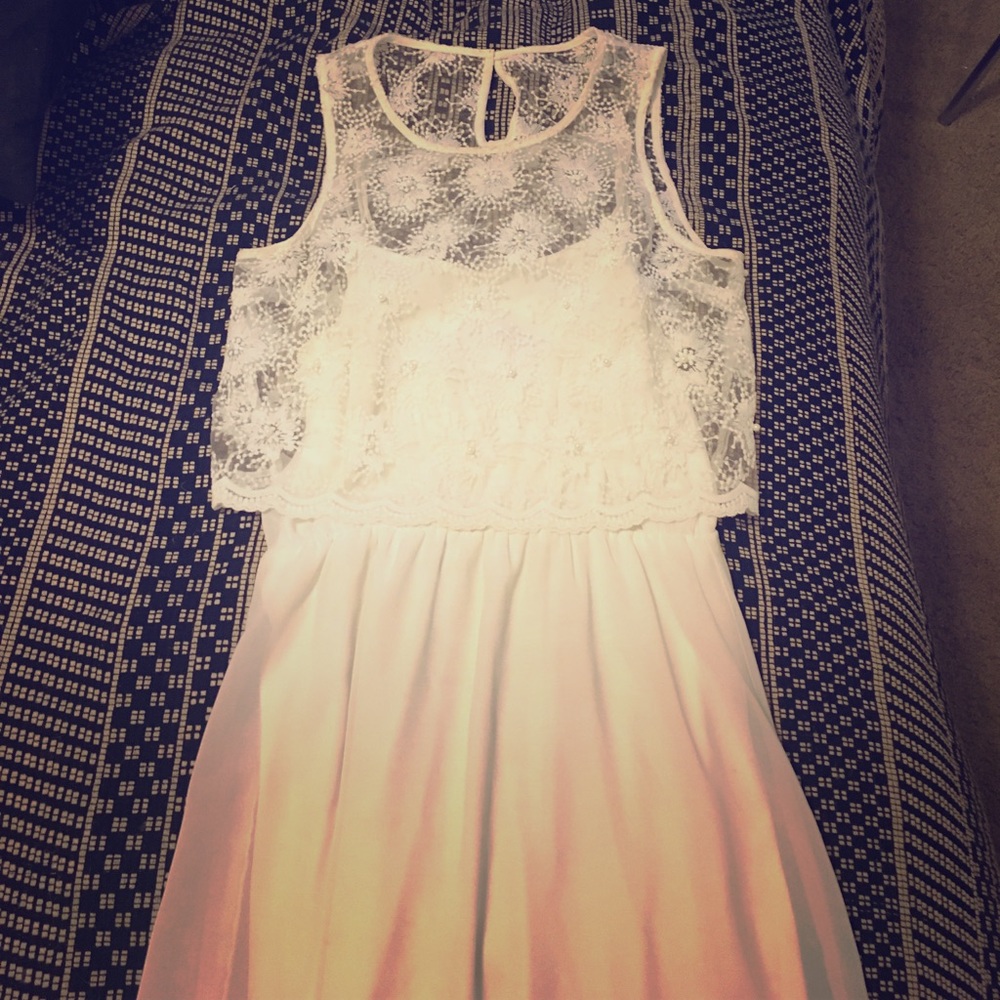 White slip dress with lace overlay