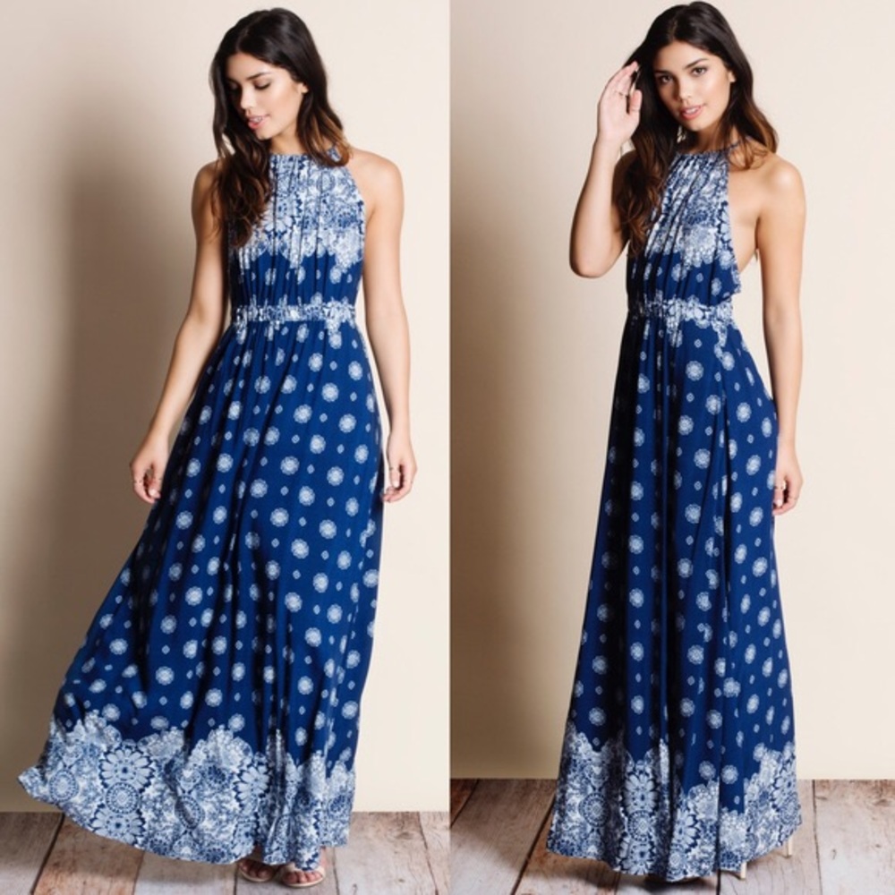 LAST LOU floral print halter maxi -NAVY BLUE - Picture 2 of 4