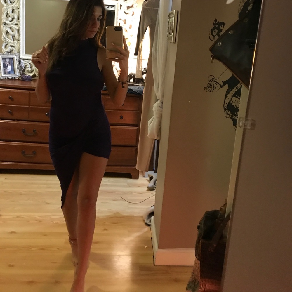 Purple slit dress with high neck