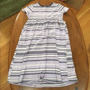 Lavender, white and navy striped dress