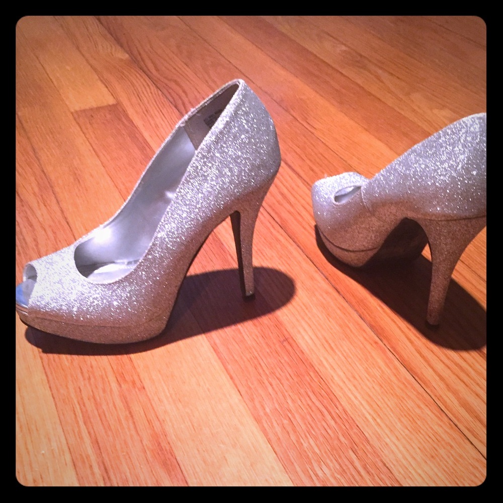 Silver glitter peep toe heels