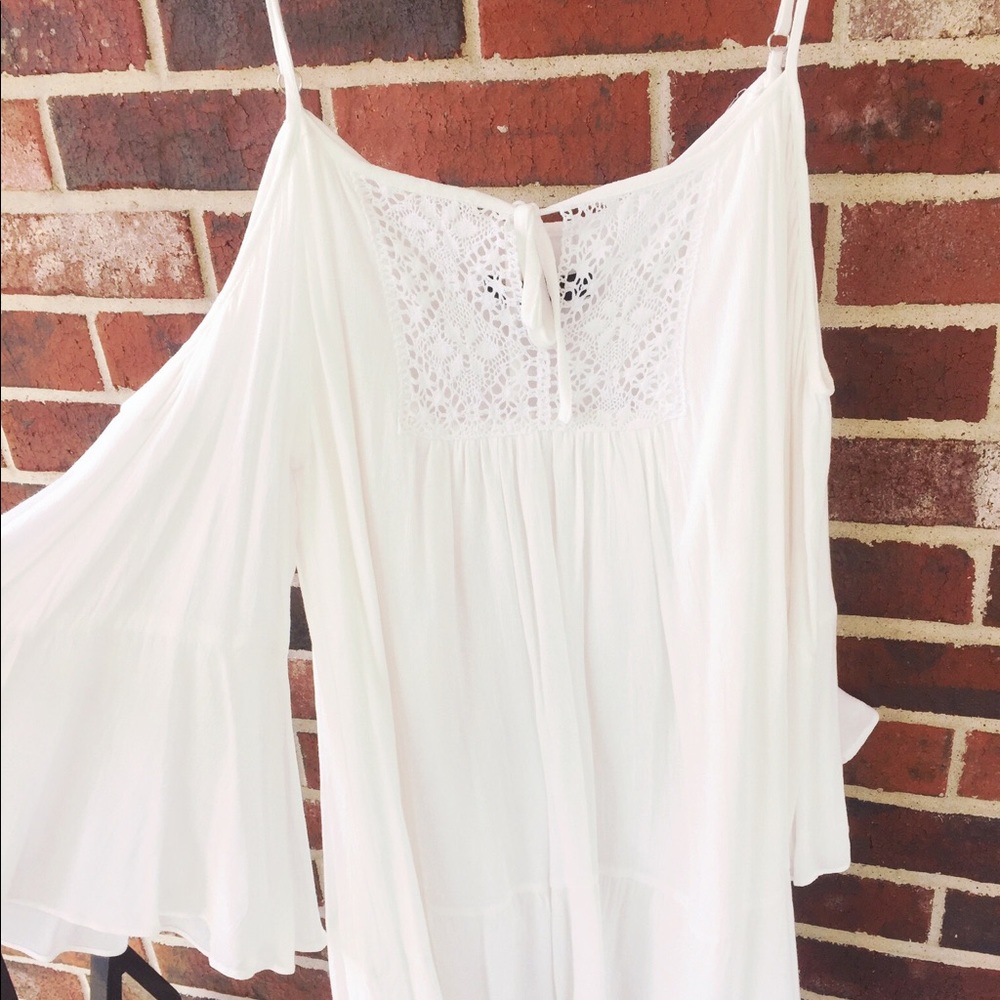 White Boho Dress with Bell Sleeves