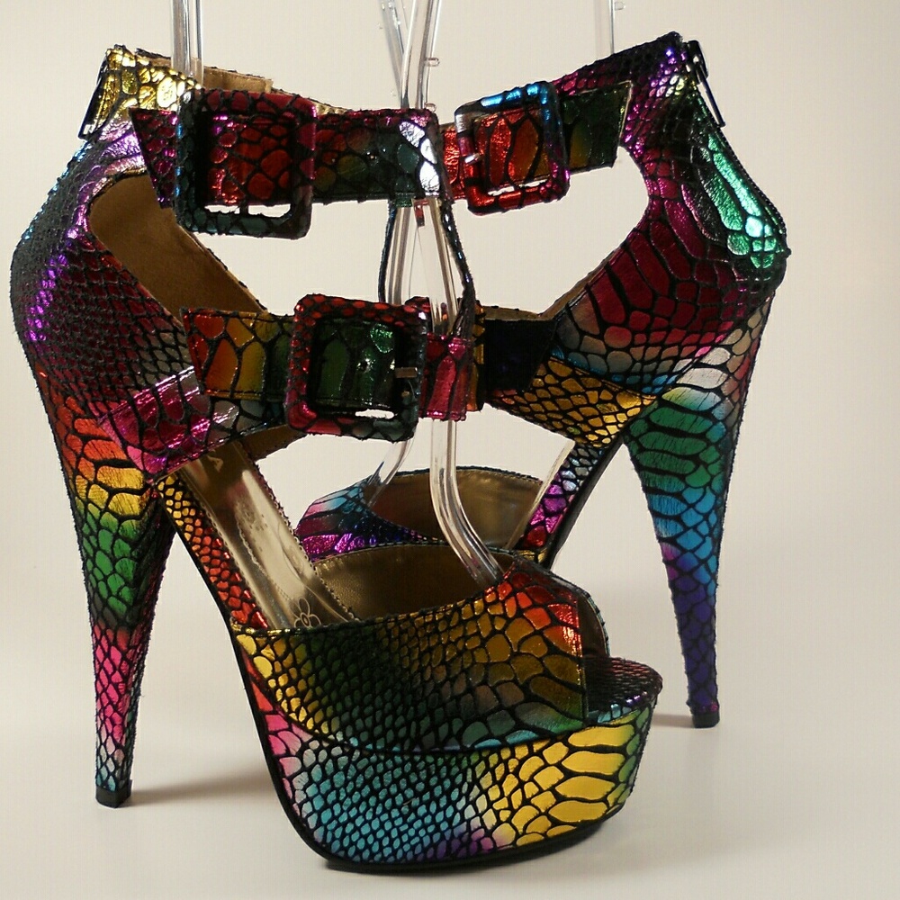 MULTICOLORED SNAKE PRINT HEELS - Picture 2 of 4