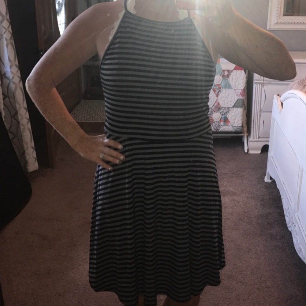 Striped rubbed high neck dress