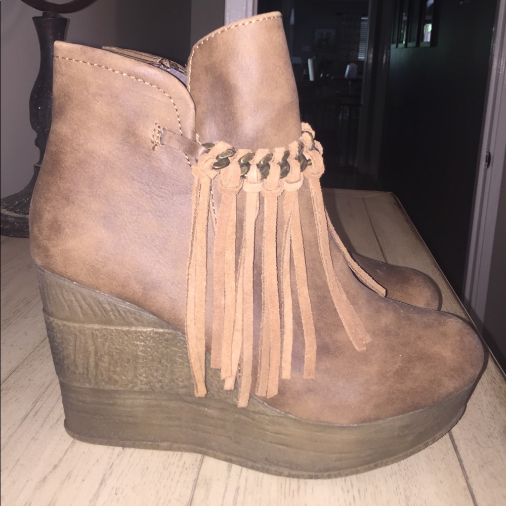 Brown leather fringe booties/wedge