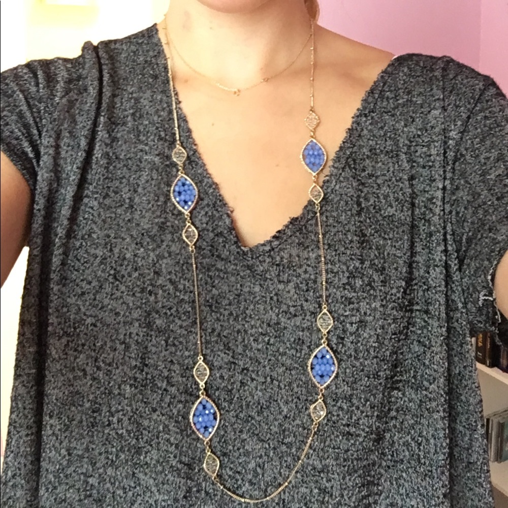 Gold Necklace with blue and white beaded parts