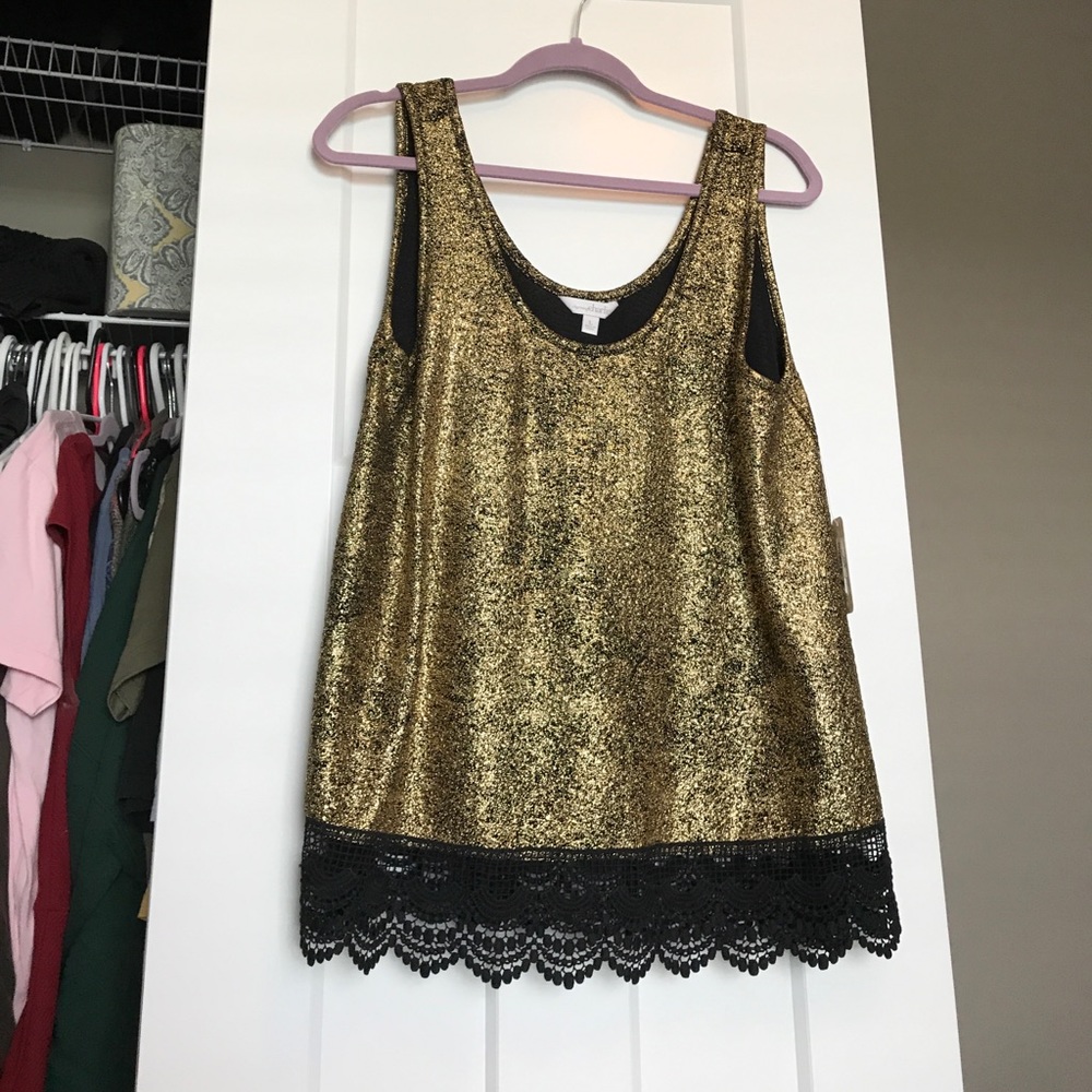 Metallic gold tank with black lace trim