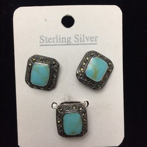 Marcasite and turquoise pendant and earring set