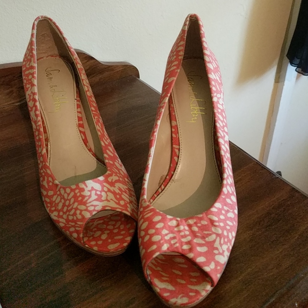 Coral peep toe heels