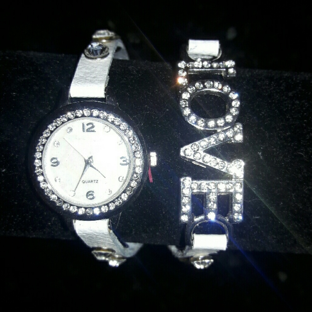 White wrap around watch with love rhinestones