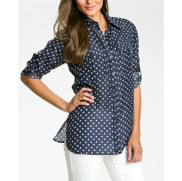 Bellefleur Nordstrom navy polka dot shirt sz M - Picture 1 of 7
