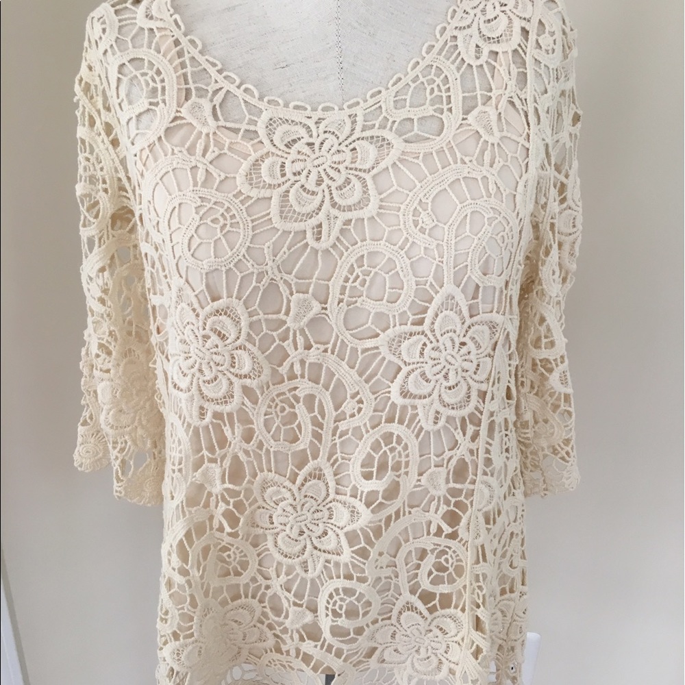 NorthStyle Ladies Crochet Cream Colored, 3/4 Sleeve Tunic Top, Sz:M (NWOT)