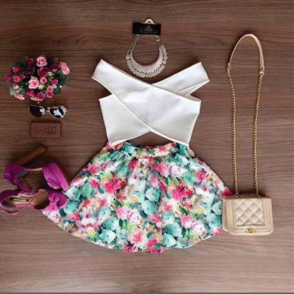 White crop/floral skater skirt outfit