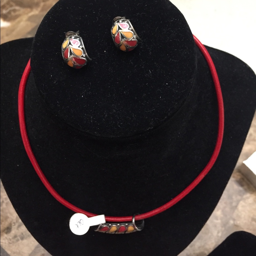 Stunning red and tan pendant and earring set