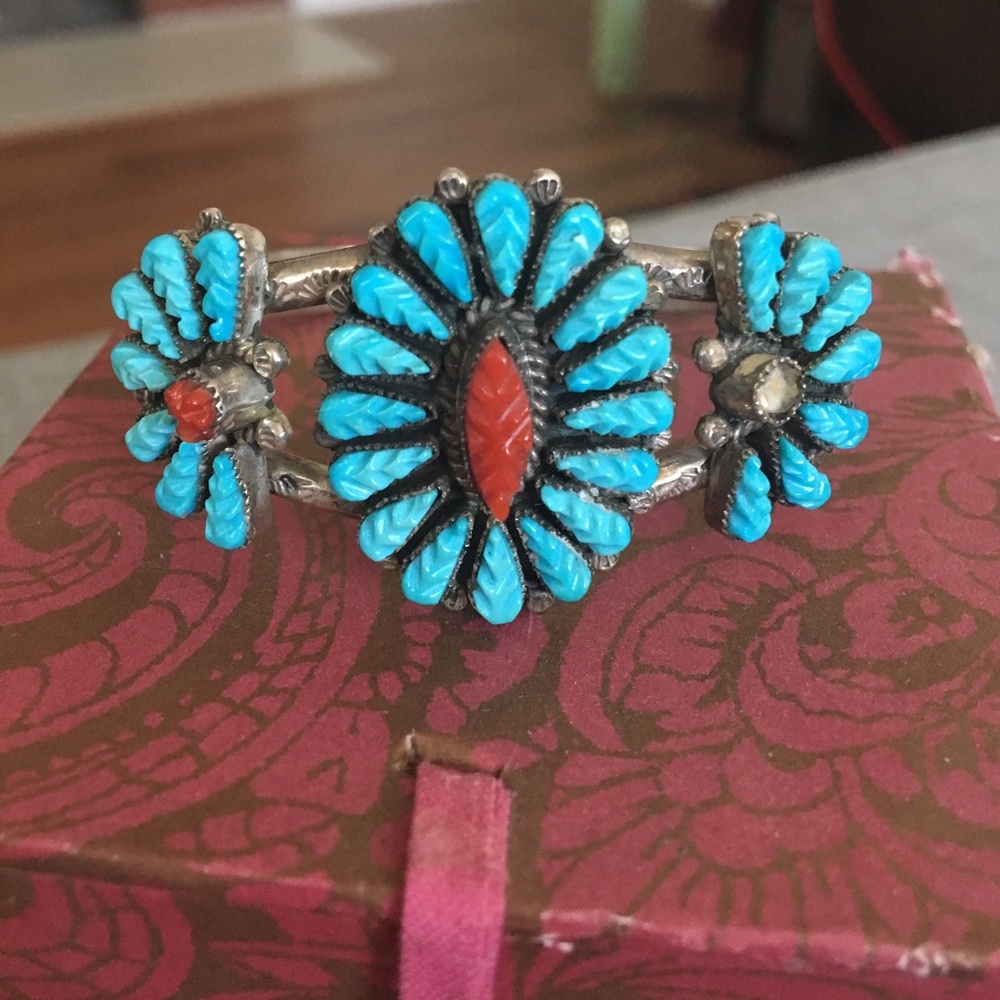 Vintage Zuni Turquoise and Coral Cuff - Picture 1 of 8