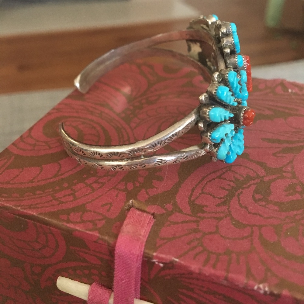 Vintage Zuni Turquoise and Coral Cuff - Picture 3 of 8