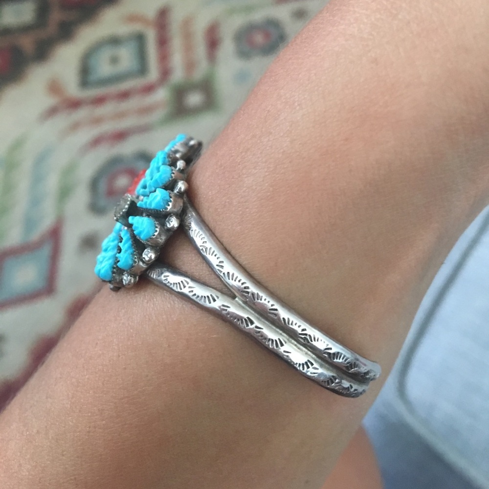Vintage Zuni Turquoise and Coral Cuff - Picture 7 of 8