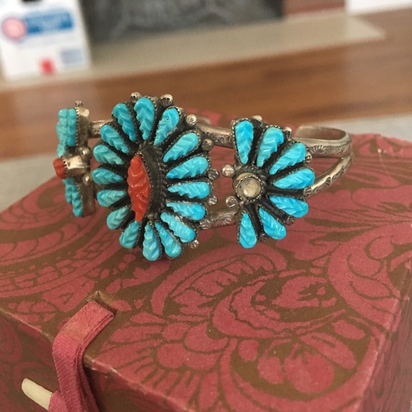 Vintage Zuni Turquoise and Coral Cuff - Picture 2 of 8