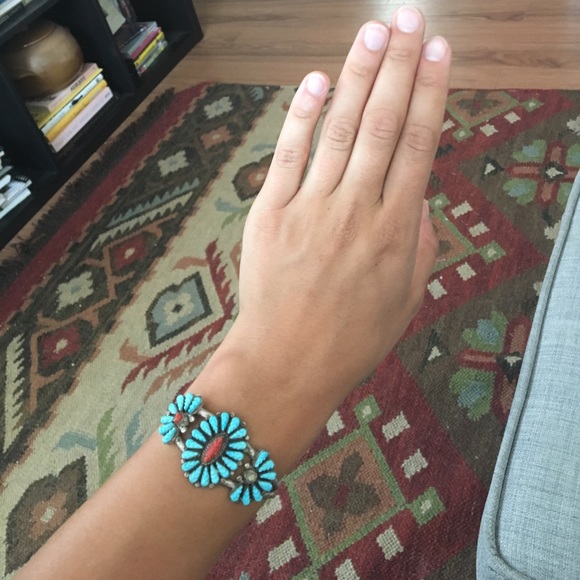 Vintage Zuni Turquoise and Coral Cuff - Picture 5 of 8
