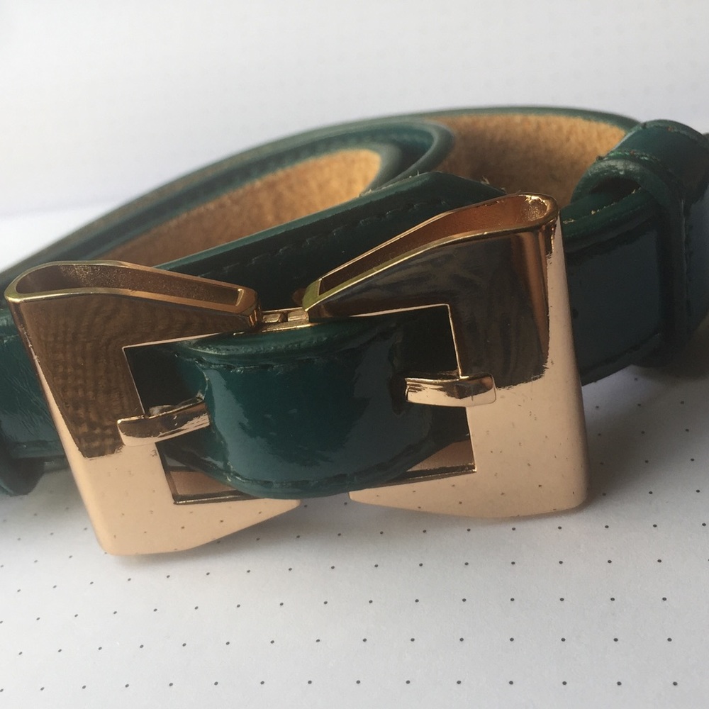 Gold bow dark teal leather belt, 36"