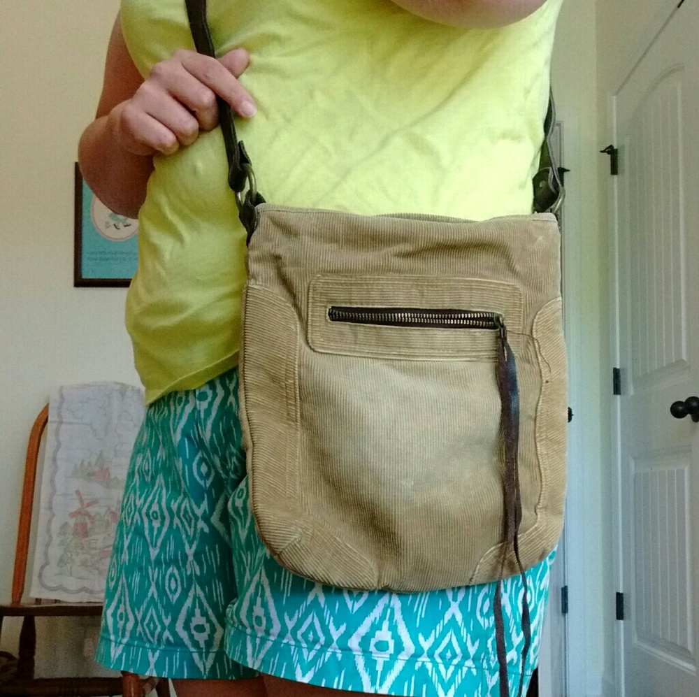 Tan corduroy and leather cross body purse