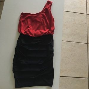 One arm red and black dress