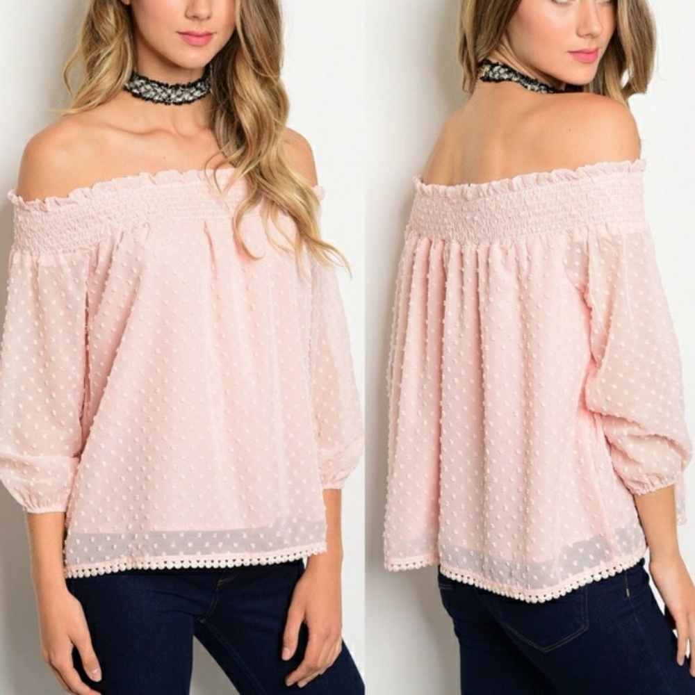 SOLD Blush polka dot off the shoulder top