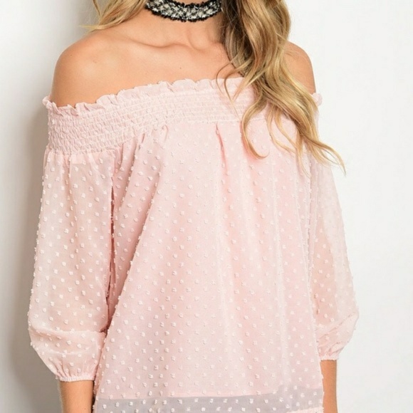 SOLD Blush polka dot off the shoulder top - Picture 2 of 3