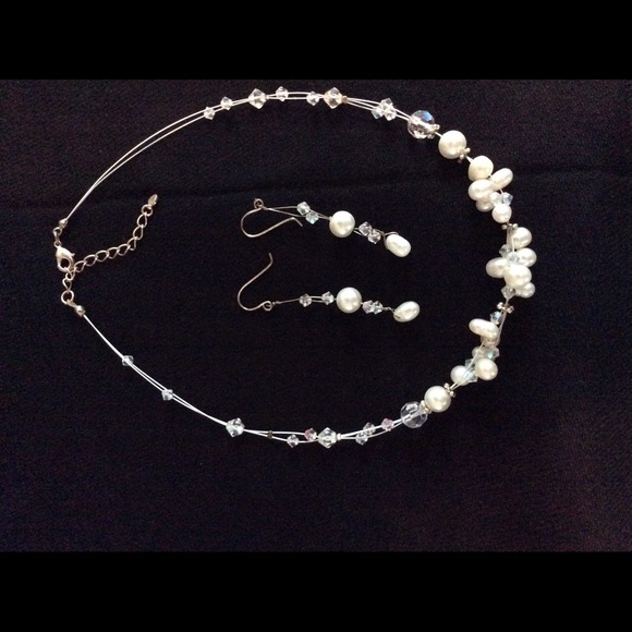 Pearl and crystal choker with earrings - Picture 1 of 1
