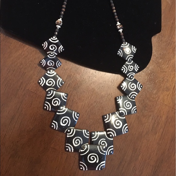 Jewelry - Vintage Hand Carved Bone Necklace W/ Tribal Print