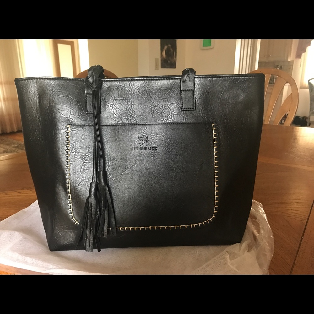 Large black leather tote new