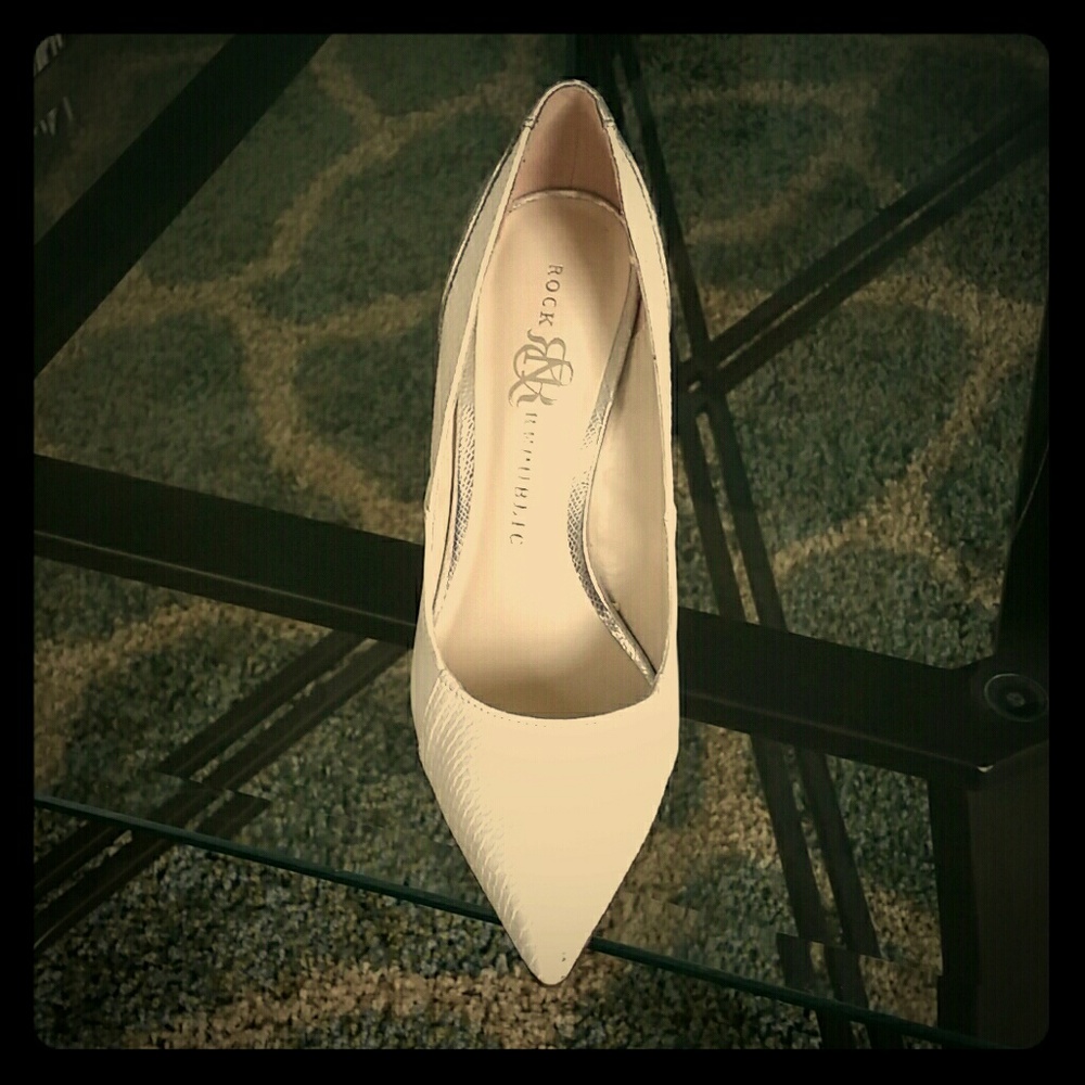 Silver and white stilettos