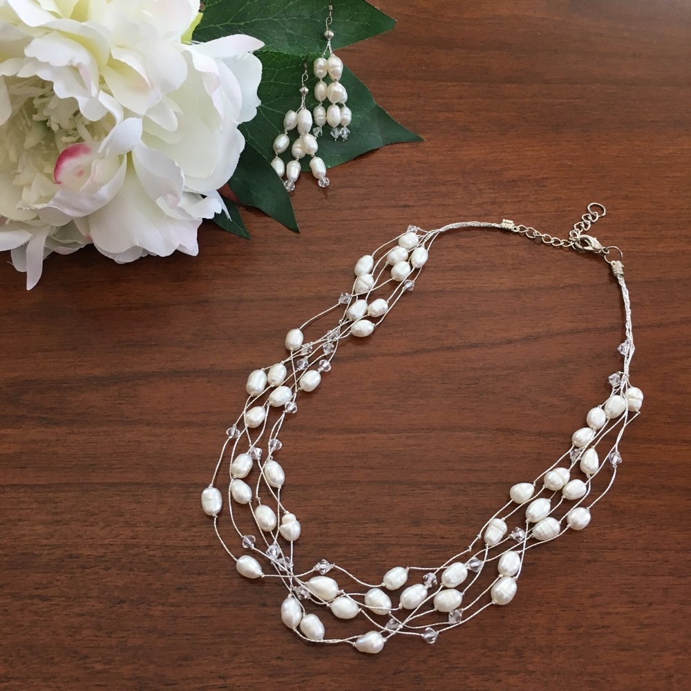 Pearl silver multistrand necklace dangle earrings