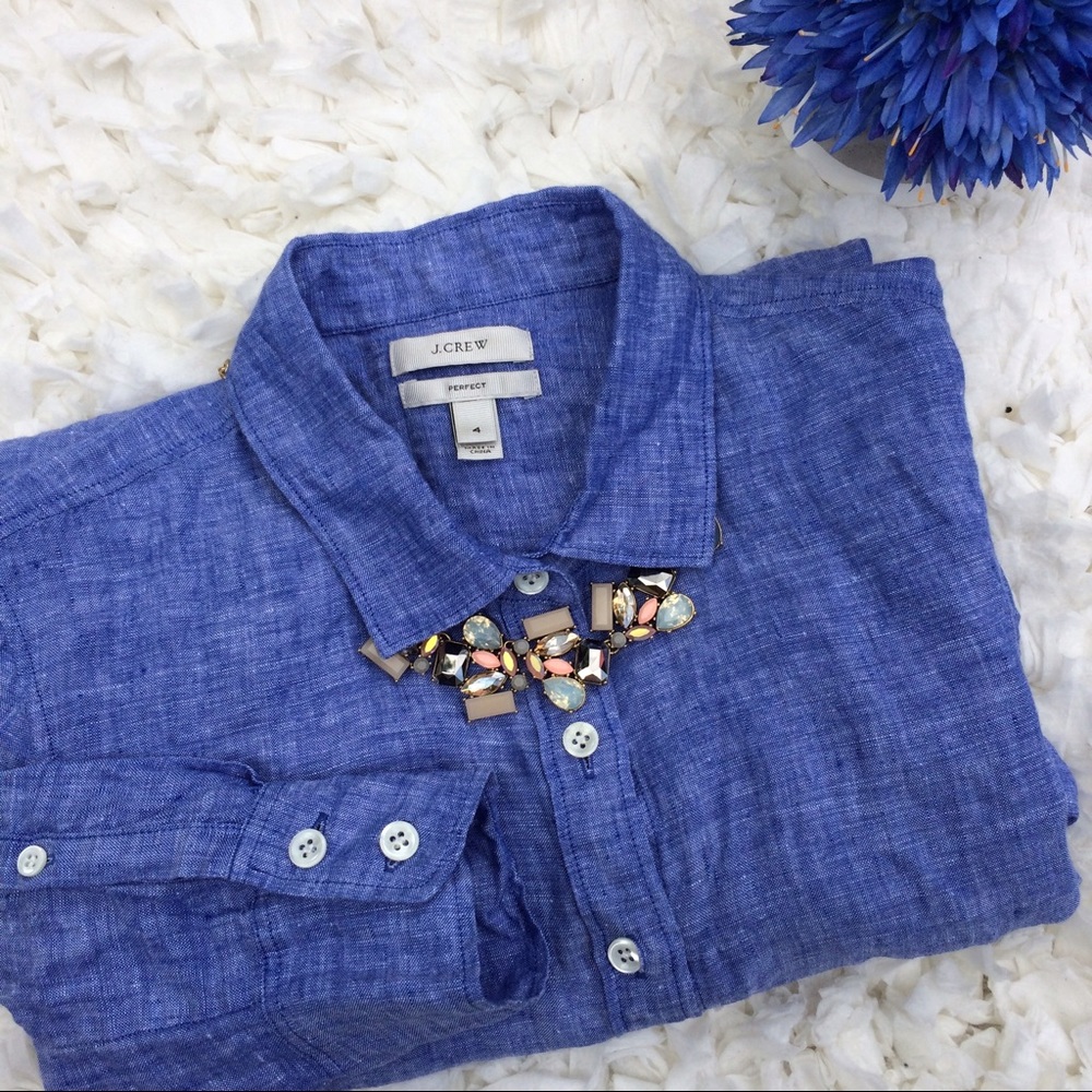 J. Crew Perfect shirt cross hatched linen Blue sz4