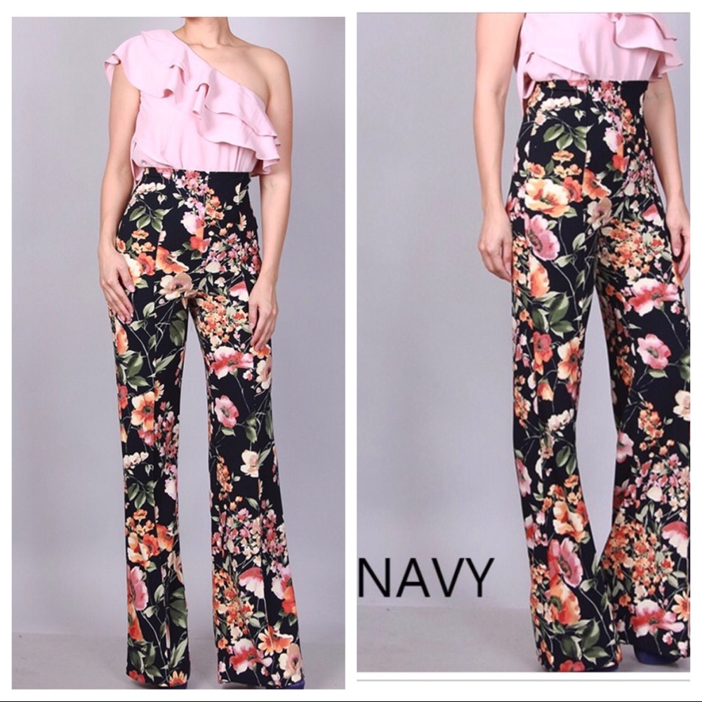 Navy Floral High Waist Pants