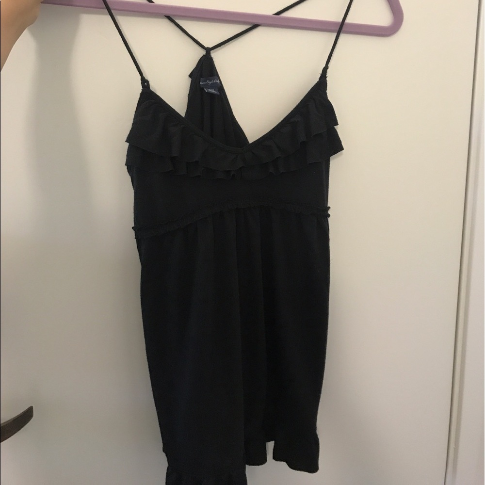 American Eagle Strappy Black Top with Ruffly Hems
