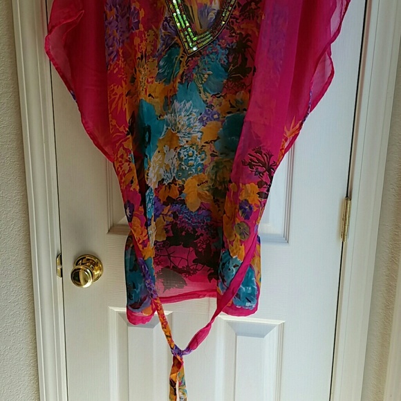 NWT AQUA BLUE PINK FLORAL BLOUSE/ COVER-UP  SZ 1X - Picture 2 of 4