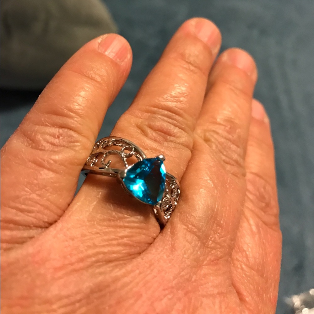 Triangular genuine blue topaz ring